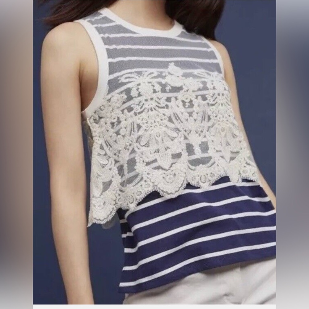 NEW ANTHROPOLOGIE POSTMARK 9 H-15 STCL BLUE & WHITE EMBROIDERED LACE TOP Sm NWT